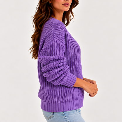 Women's Cable Knit V-Neck Sweater Relaxed Fit Long Sleeve 2