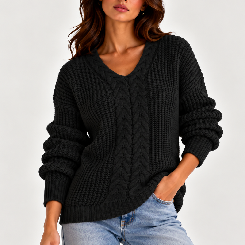 Women's Cable Knit V-Neck Sweater Relaxed Fit Long Sleeve 3