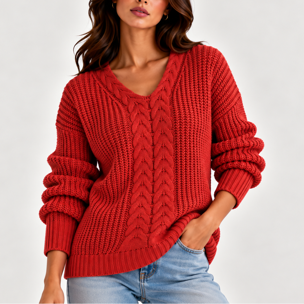 Women's Cable Knit V-Neck Sweater Relaxed Fit Long Sleeve 4