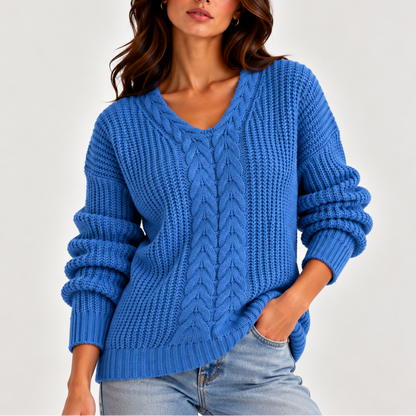 Women's Cable Knit V-Neck Sweater Relaxed Fit Long Sleeve 5