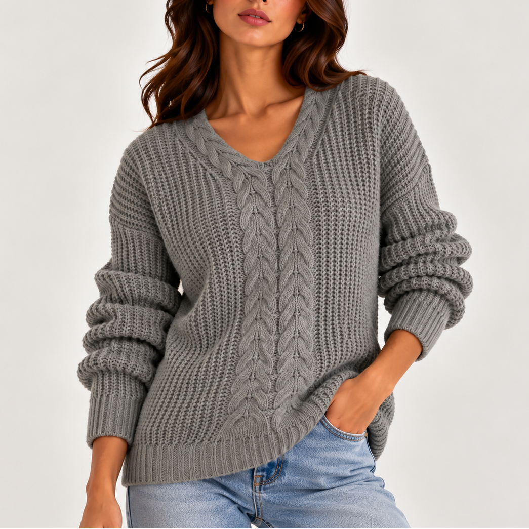 Women's Cable Knit V-Neck Sweater Relaxed Fit Long Sleeve 6