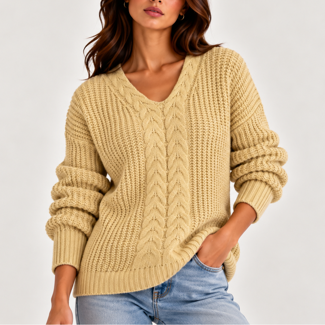Women's Cable Knit V-Neck Sweater Relaxed Fit Long Sleeve 7