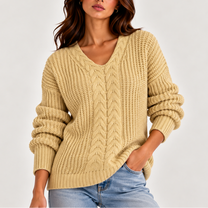 Women's Cable Knit V-Neck Sweater Relaxed Fit Long Sleeve 7