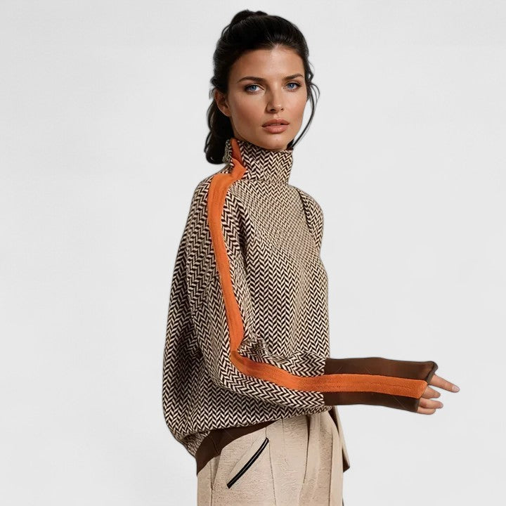 Women's Striped High Neck Sweater, Contrast Stripe Design 1