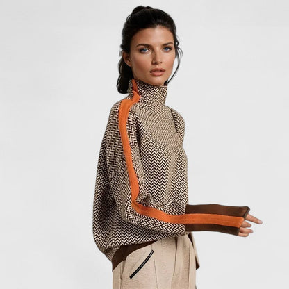 Women's Striped High Neck Sweater, Contrast Stripe Design 1