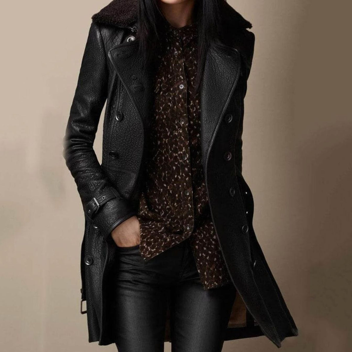 Women's Belted Leather Longline Coat — Shearling Collar Detail 1