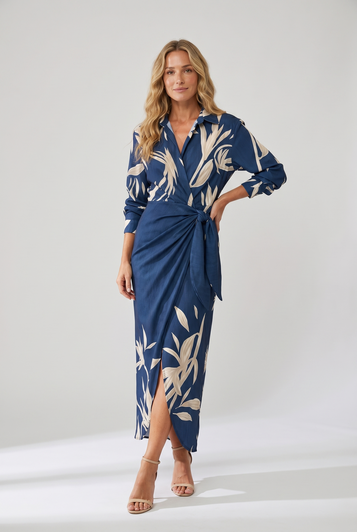 Leaf Print Maxi Wrap Dress — V-Neck Long Sleeve Women's 2