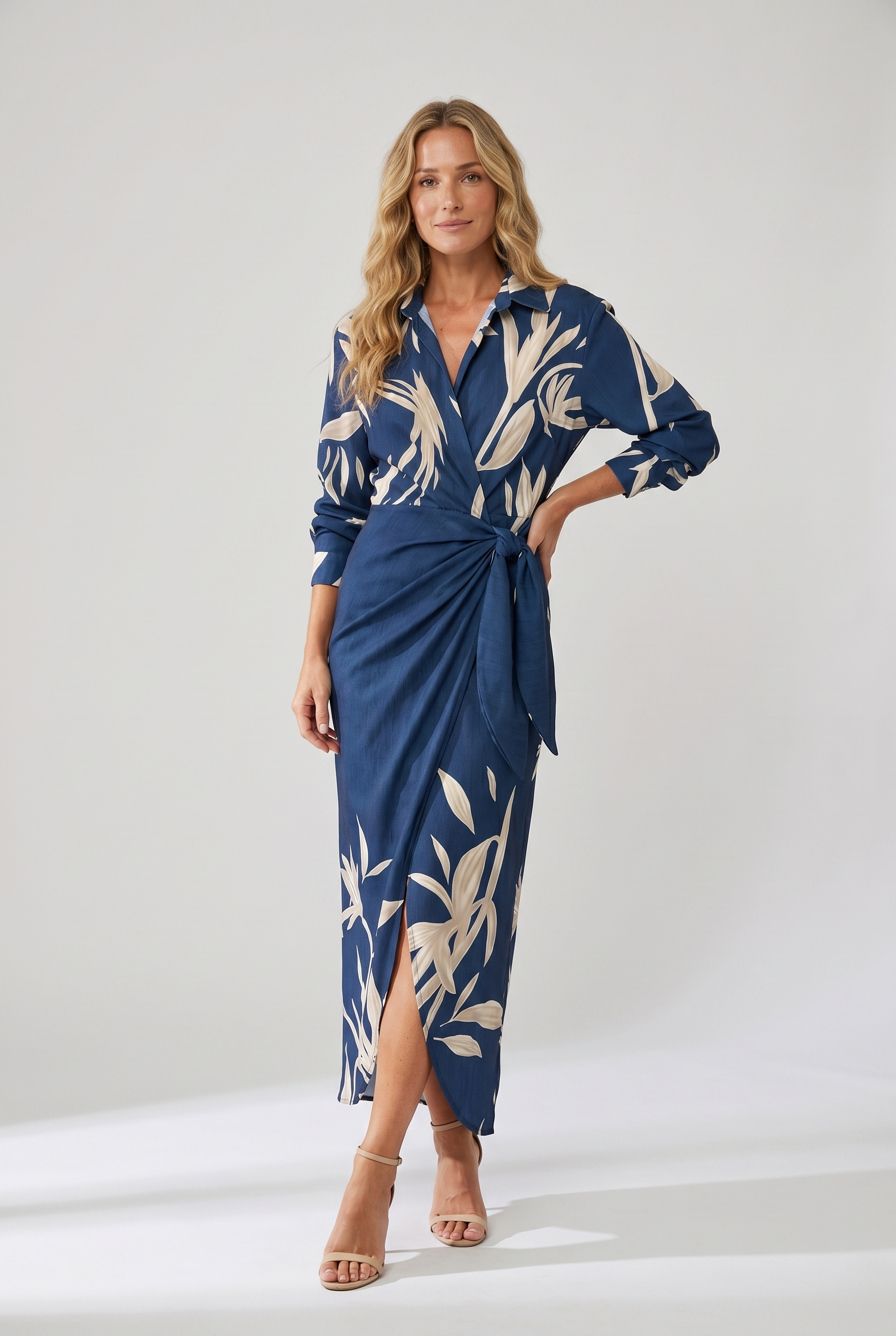 Leaf Print Maxi Wrap Dress — V-Neck Long Sleeve Women's 2