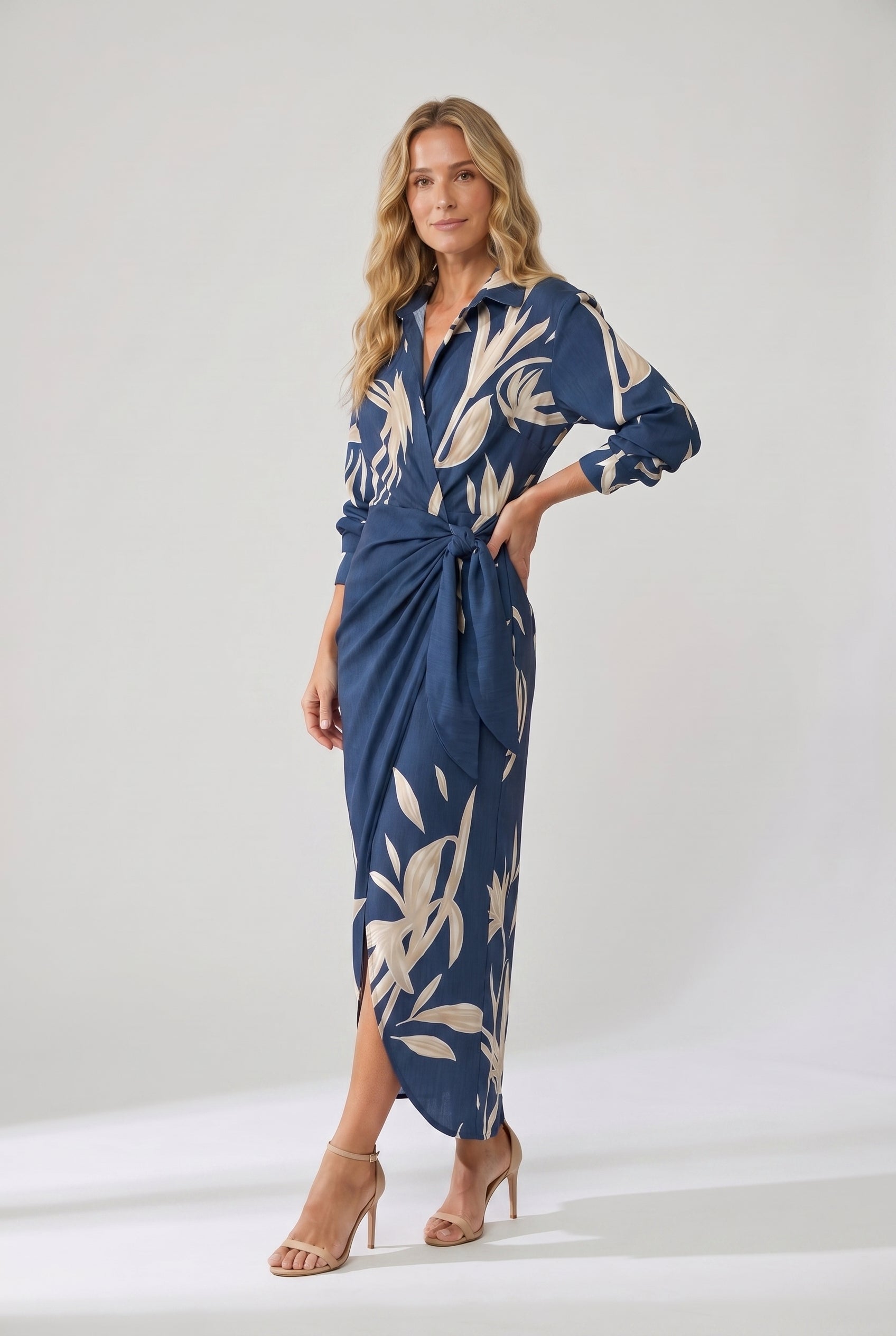 Leaf Print Maxi Wrap Dress — V-Neck Long Sleeve Women's 3