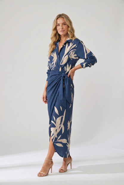 Leaf Print Maxi Wrap Dress — V-Neck Long Sleeve Women's 3