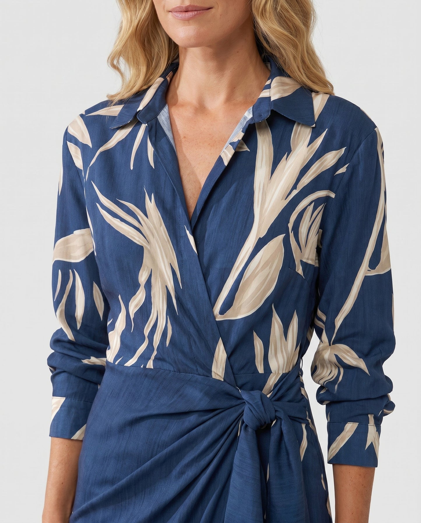 Leaf Print Maxi Wrap Dress — V-Neck Long Sleeve Women's 5