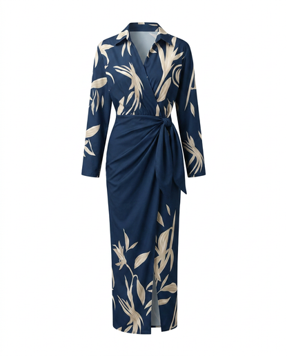 Leaf Print Maxi Wrap Dress — V-Neck Long Sleeve Women's 6