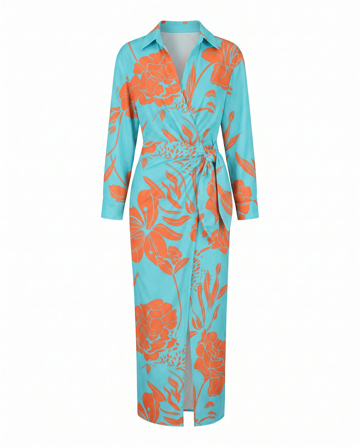 Leaf Print Maxi Wrap Dress — V-Neck Long Sleeve Women's 7