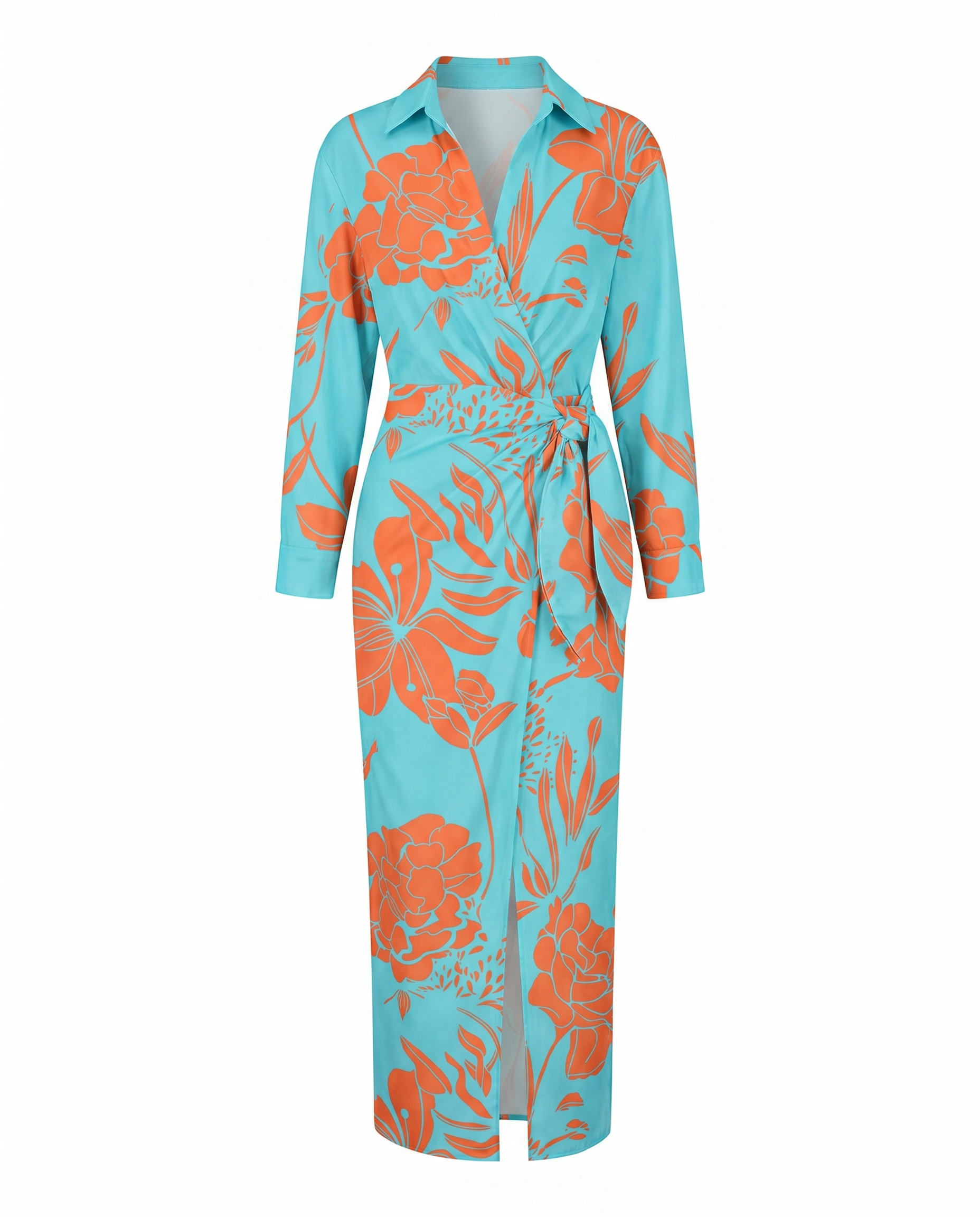 Leaf Print Maxi Wrap Dress — V-Neck Long Sleeve Women's 7