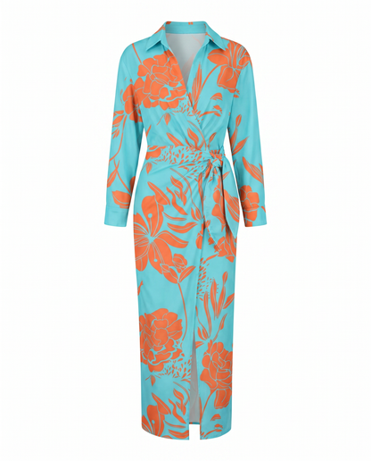 Leaf Print Maxi Wrap Dress — V-Neck Long Sleeve Women's 7