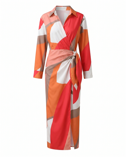 Leaf Print Maxi Wrap Dress — V-Neck Long Sleeve Women's 8