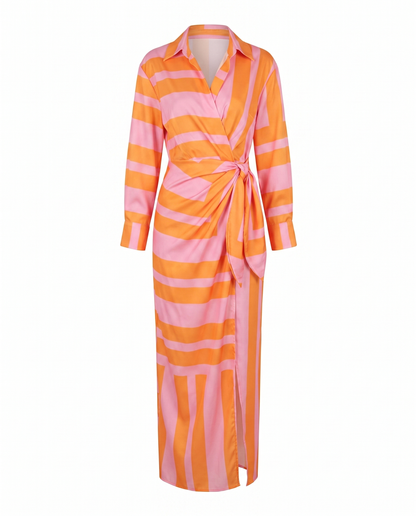 Leaf Print Maxi Wrap Dress — V-Neck Long Sleeve Women's 9