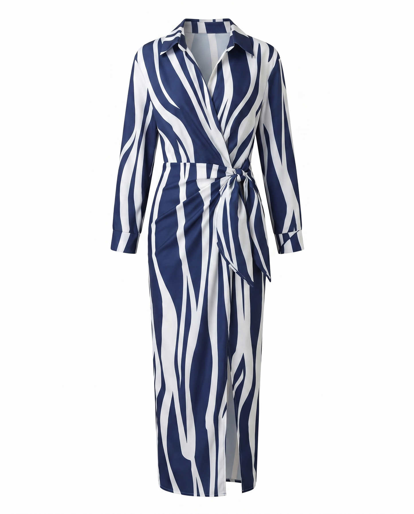 Leaf Print Maxi Wrap Dress — V-Neck Long Sleeve Women's 10