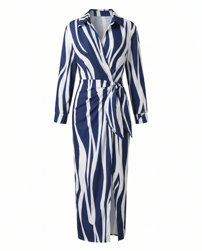 Leaf Print Maxi Wrap Dress — V-Neck Long Sleeve Women's 10