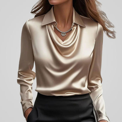 Women's Cowl Neck Satin Blouse — Long Sleeve Draped Top 10
