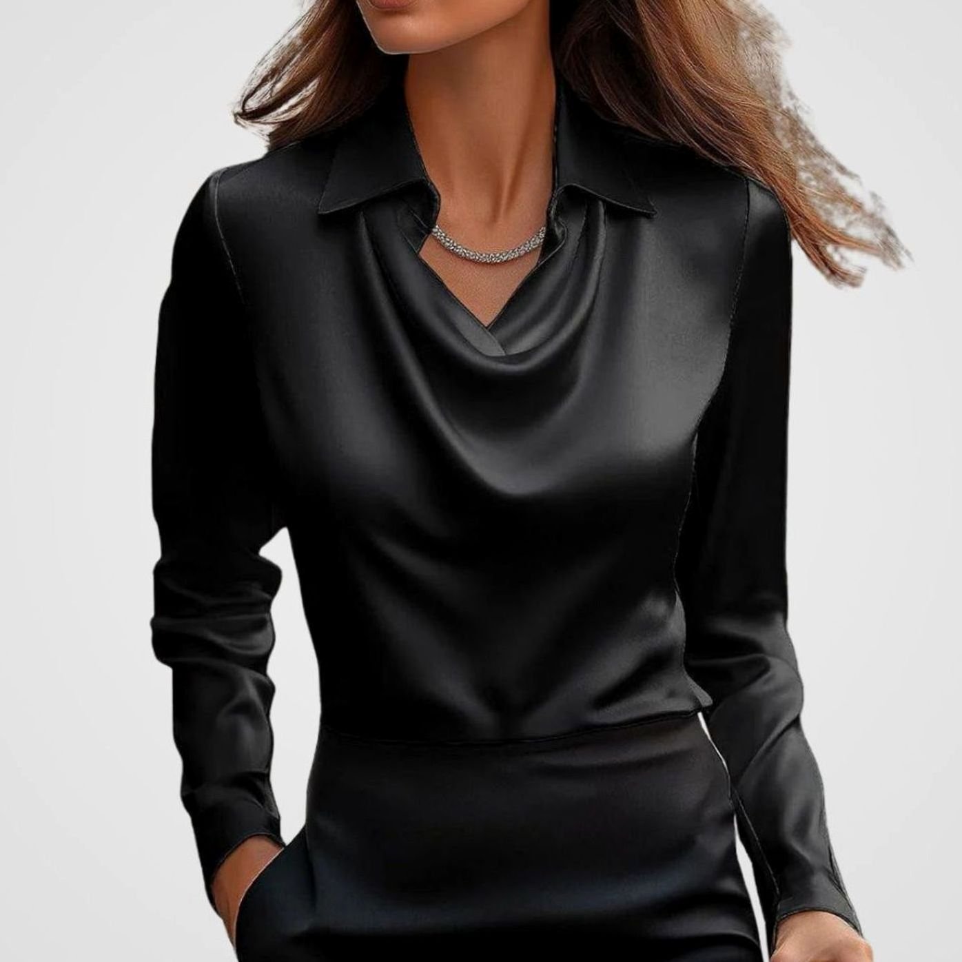 Women's Cowl Neck Satin Blouse — Long Sleeve Draped Top 13