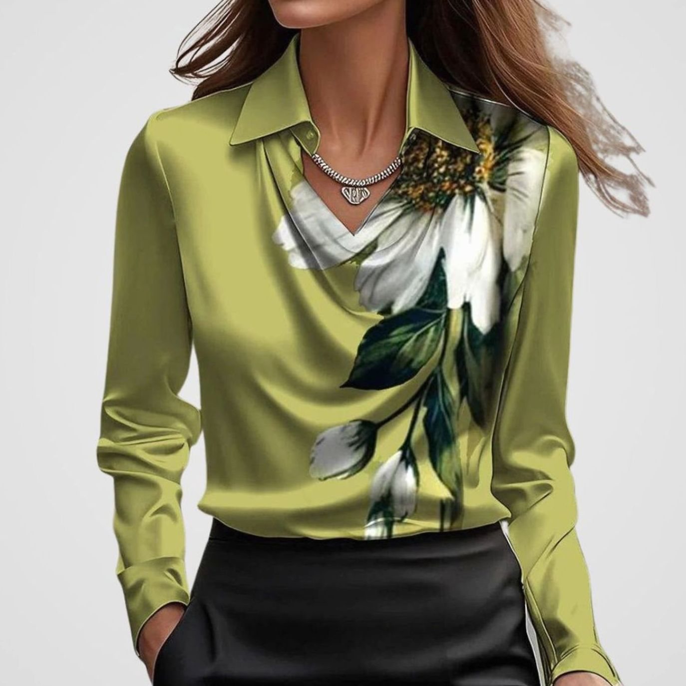 Women's Cowl Neck Satin Blouse — Long Sleeve Draped Top 15