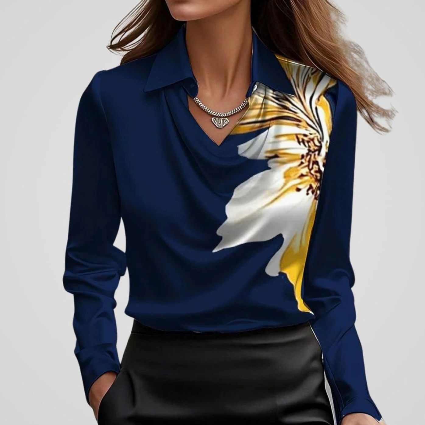 Women's Cowl Neck Satin Blouse — Long Sleeve Draped Top 16
