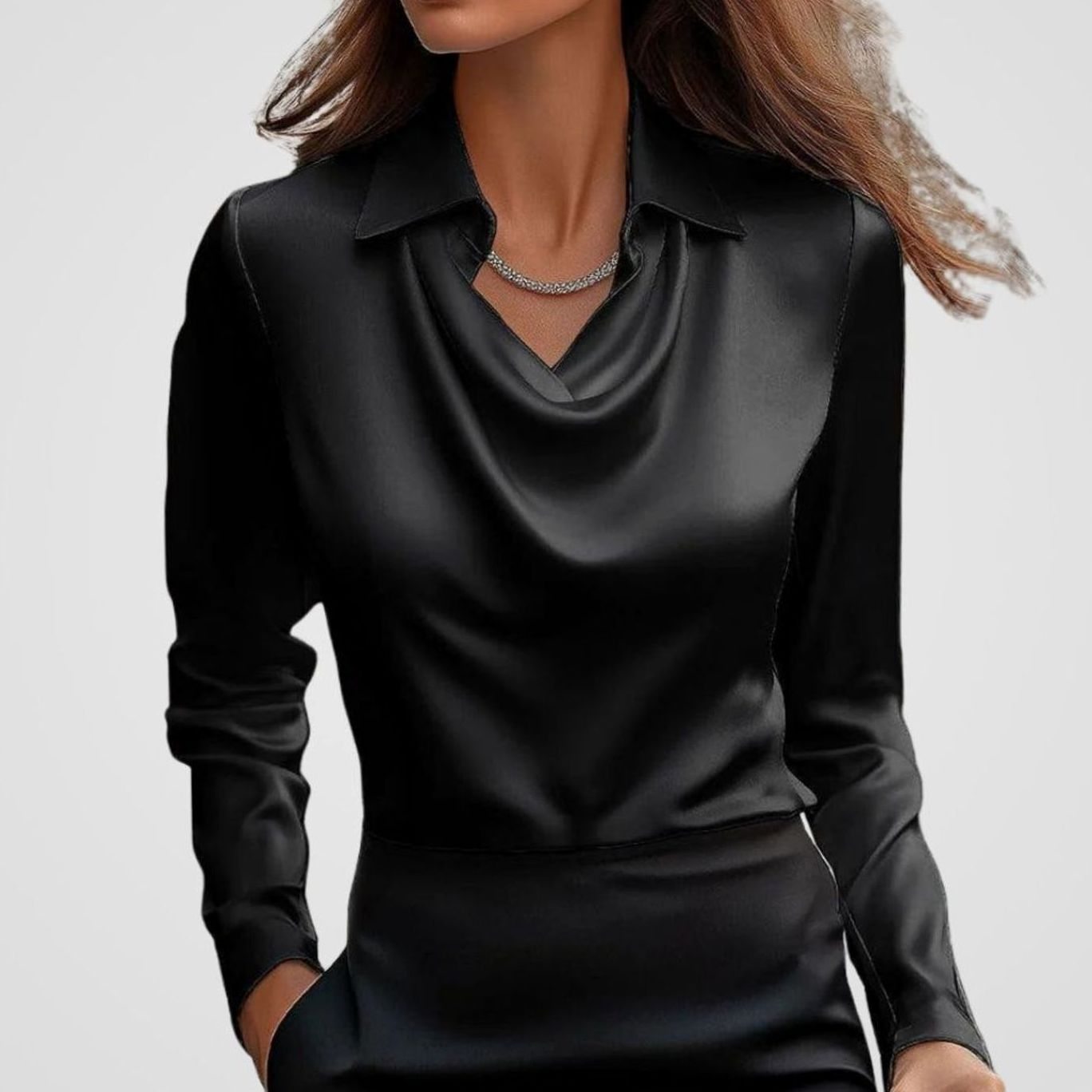 Women's Cowl Neck Satin Blouse — Long Sleeve Draped Top 22
