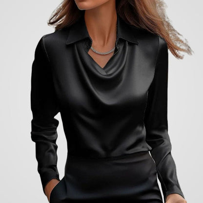 Women's Cowl Neck Satin Blouse — Long Sleeve Draped Top 22