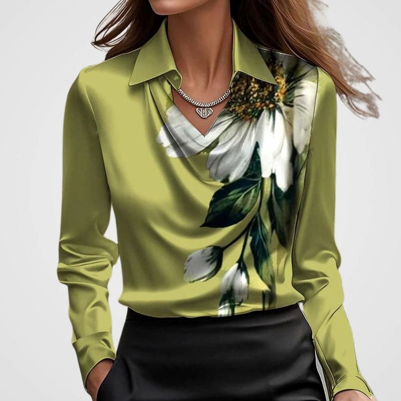 Women's Cowl Neck Satin Blouse — Long Sleeve Draped Top 24