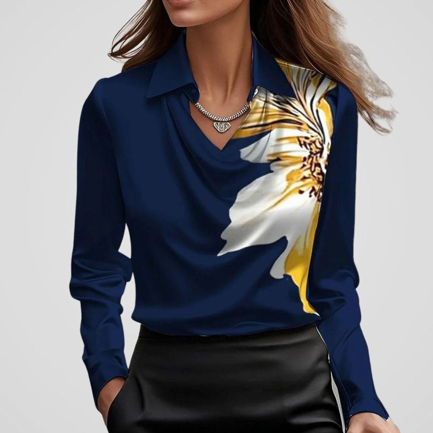 Women's Cowl Neck Satin Blouse — Long Sleeve Draped Top 25
