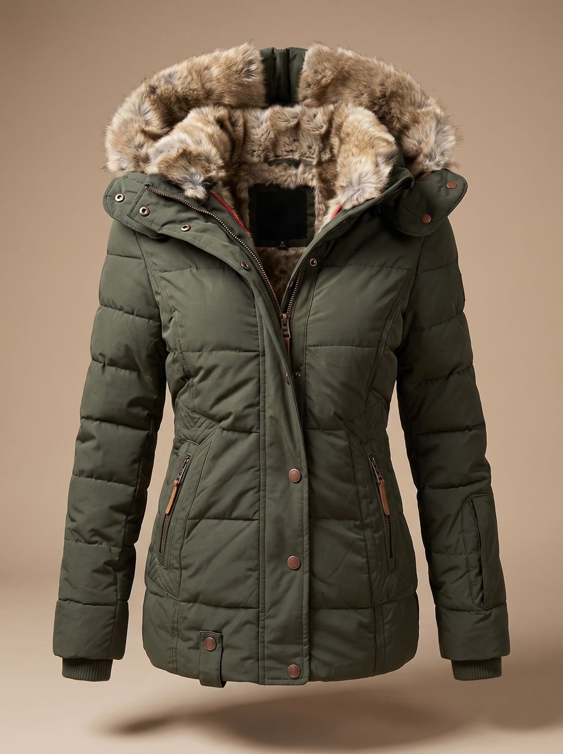Women's Quilted Puffer Coat with Faux Fur Lined Hood 1