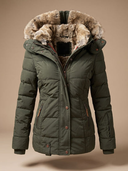 Women's Quilted Puffer Coat with Faux Fur Lined Hood 1