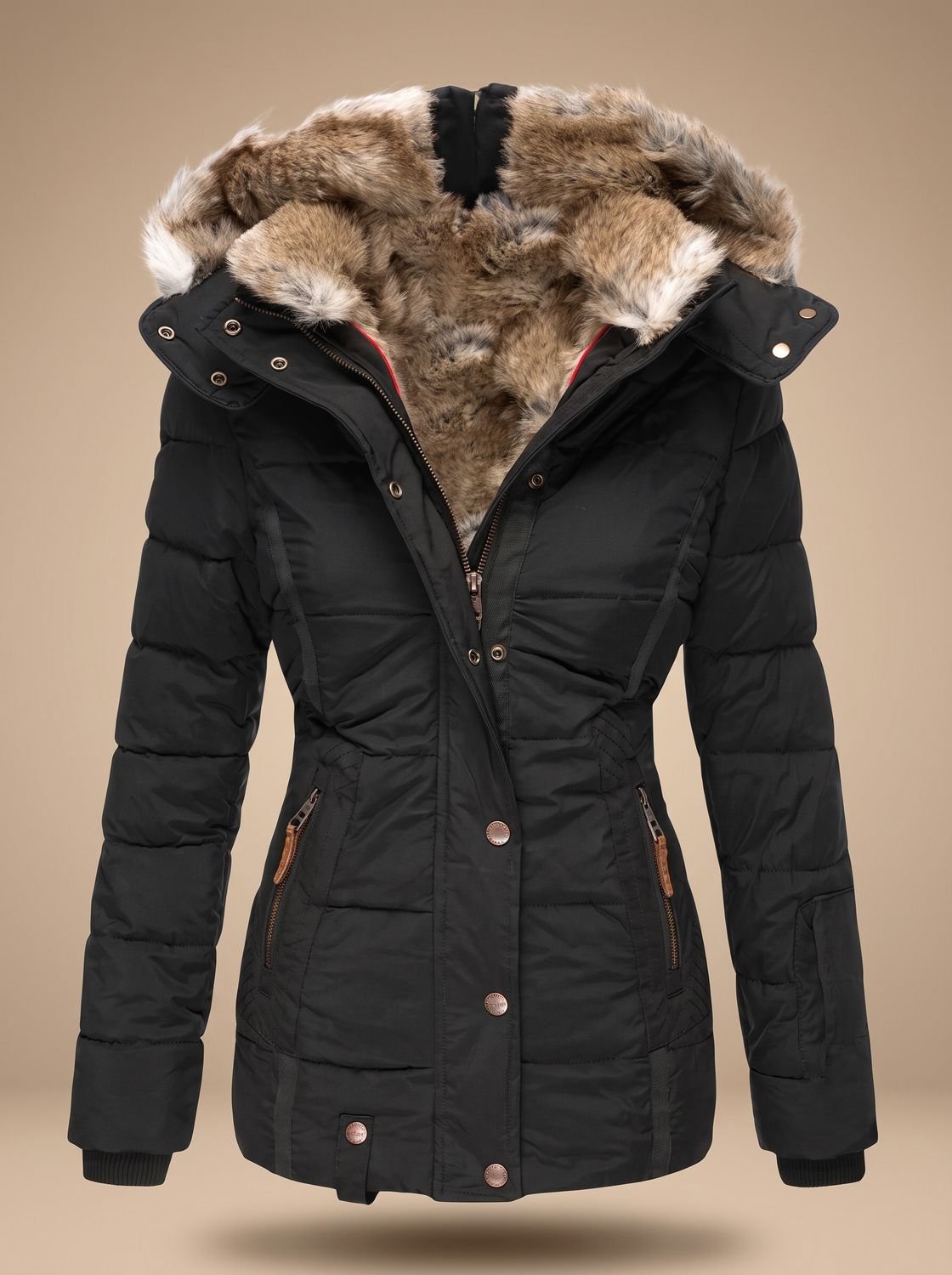 Women's Quilted Puffer Coat with Faux Fur Lined Hood 2
