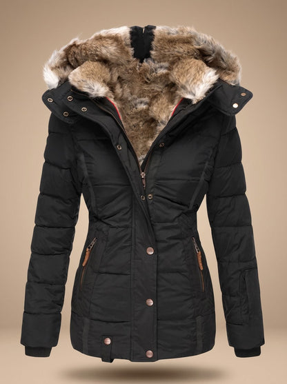 Women's Quilted Puffer Coat with Faux Fur Lined Hood 2