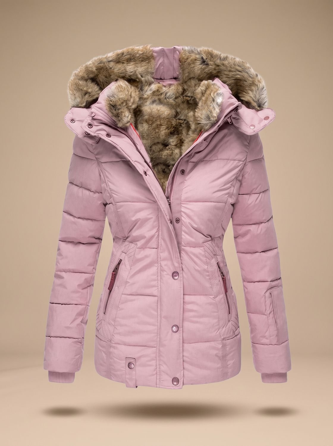 Women's Quilted Puffer Coat with Faux Fur Lined Hood 3