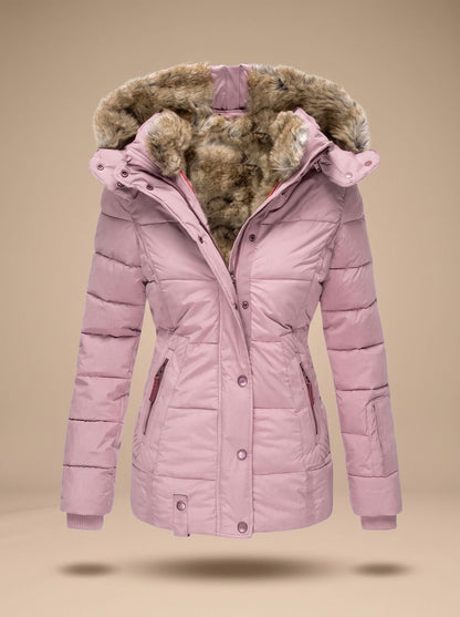 Women's Quilted Puffer Coat with Faux Fur Lined Hood 3