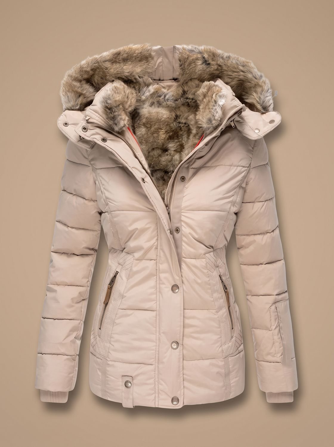 Women's Quilted Puffer Coat with Faux Fur Lined Hood 6