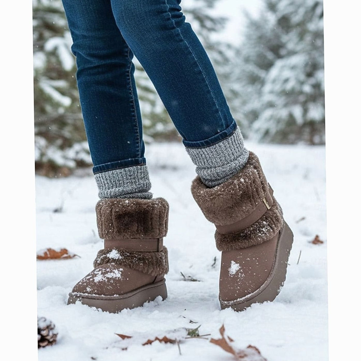 Women's Faux Fur Trimmed Snow Boots, Slip-On Winter Boots 5