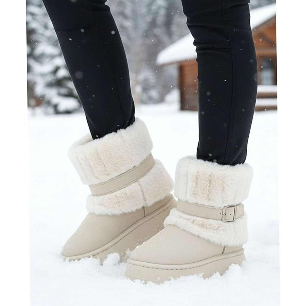 Women's Faux Fur Trimmed Snow Boots, Slip-On Winter Boots 9