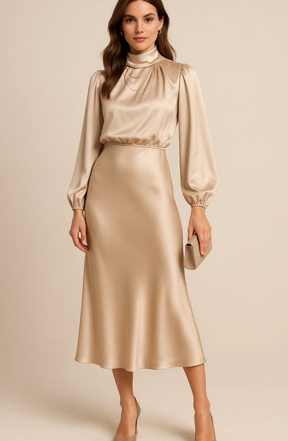 Women's Satin Midi Dress — Mock Neck Bishop Sleeve High Waist 10