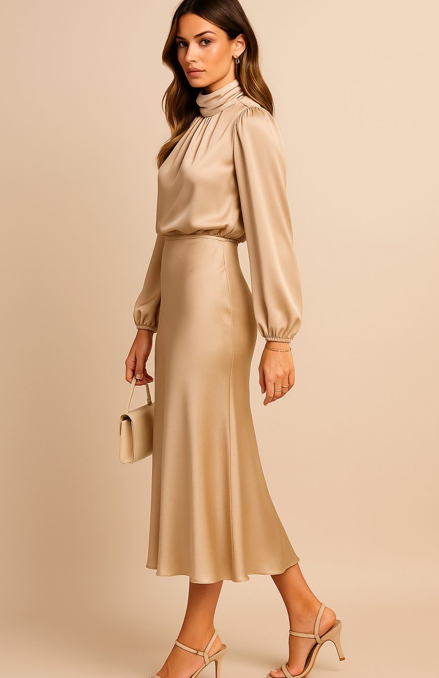 Women's Satin Midi Dress — Mock Neck Bishop Sleeve High Waist 11