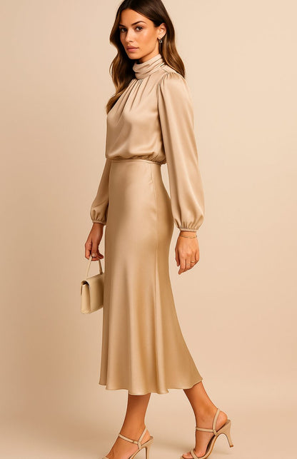Women's Satin Midi Dress — Mock Neck Bishop Sleeve High Waist 11