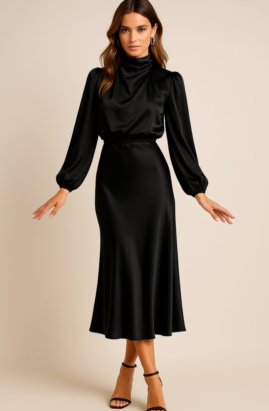 Women's Satin Midi Dress — Mock Neck Bishop Sleeve High Waist 12