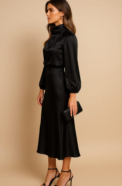 Women's Satin Midi Dress — Mock Neck Bishop Sleeve High Waist 13