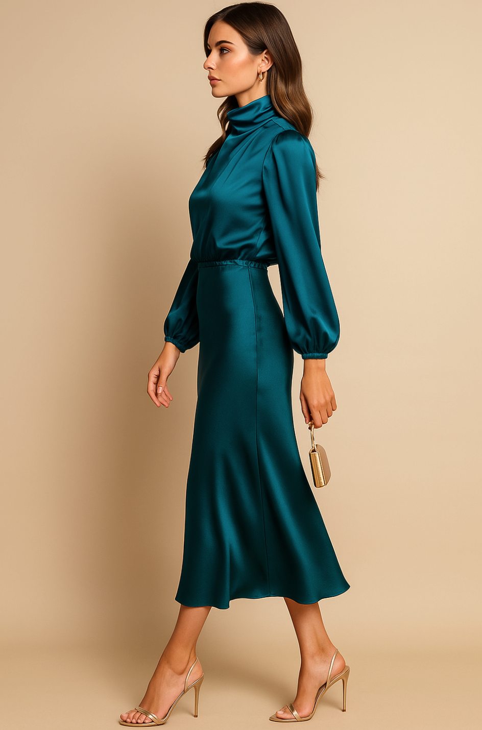Women's Satin Midi Dress — Mock Neck Bishop Sleeve High Waist 14