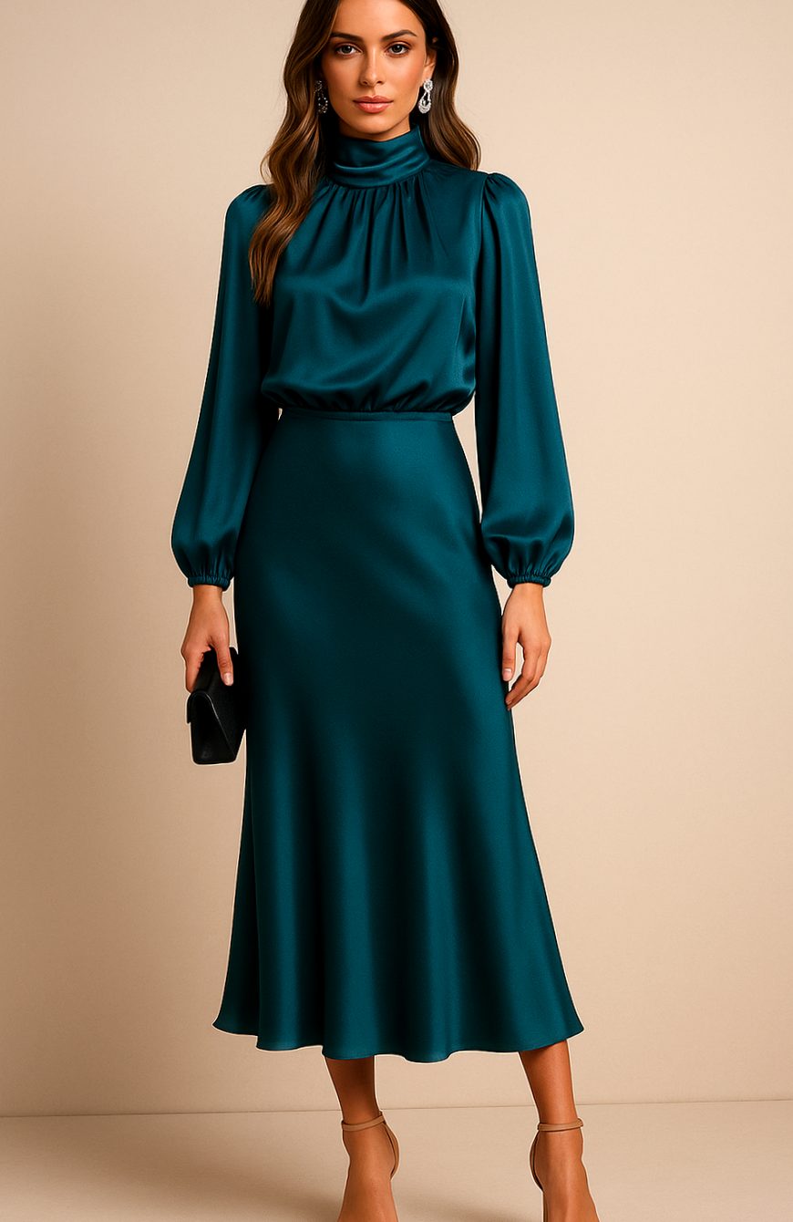 Women's Satin Midi Dress — Mock Neck Bishop Sleeve High Waist 15