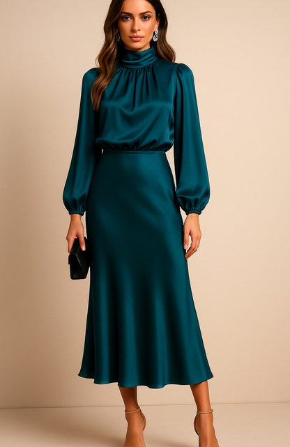 Women's Satin Midi Dress — Mock Neck Bishop Sleeve High Waist 15