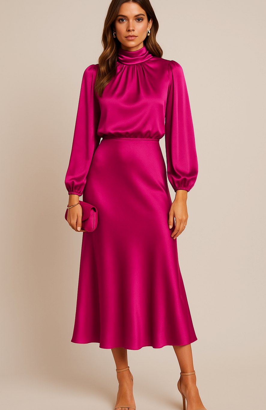 Women's Satin Midi Dress — Mock Neck Bishop Sleeve High Waist 16
