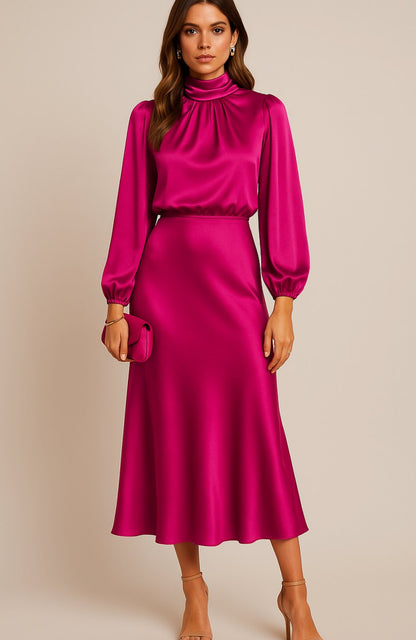 Women's Satin Midi Dress — Mock Neck Bishop Sleeve High Waist 16
